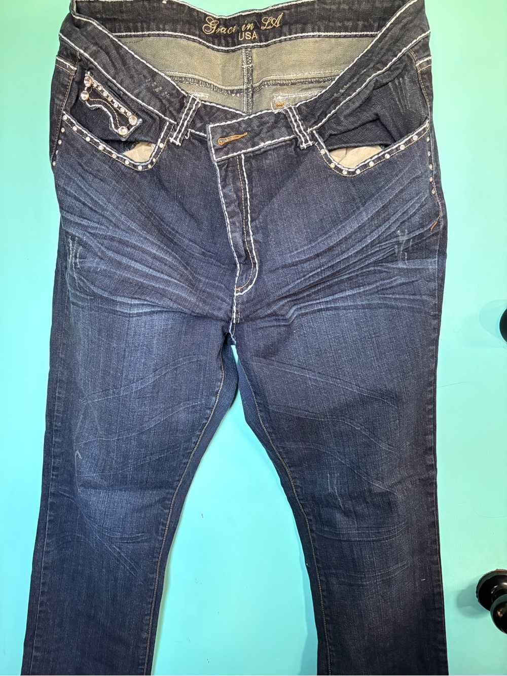 "Grace in LA Dark Wash Bootcut Jeans Rhinestone